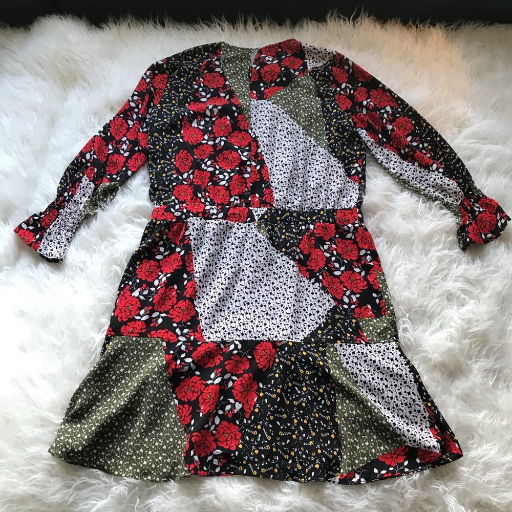 Libby Edelman Floral Patchwork Dress Red Black Wht - Picture 7 of 7